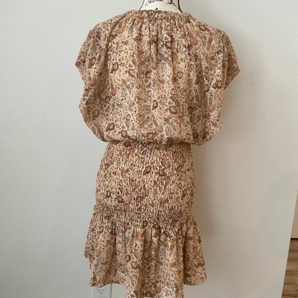 OLIVACEOUS DRESS FLORAL METALLIC DETAIL RUCHED TIERED SMOCKED SZ M FAIRY CORE - Picture 5 of 16